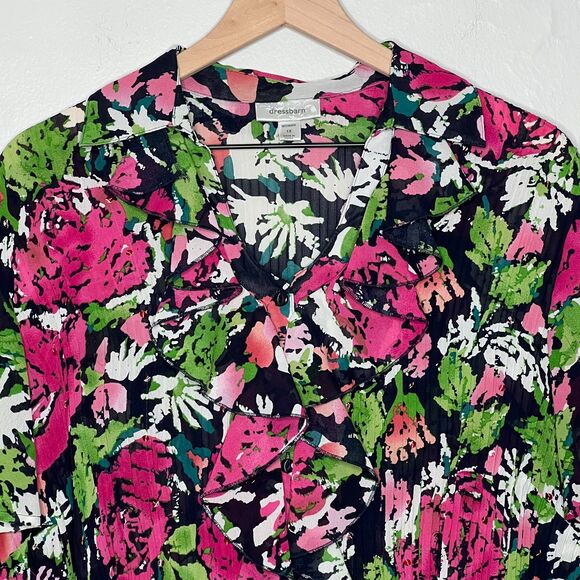 Dressbarn Womens Button Up Top 1X Pink Green Ruffle Office Crinkle Pleated Sheer - Picture 5 of 11